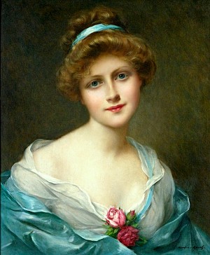 A Beautiful Elegant Lady In Blue Green With Rose Corsage _OSG 